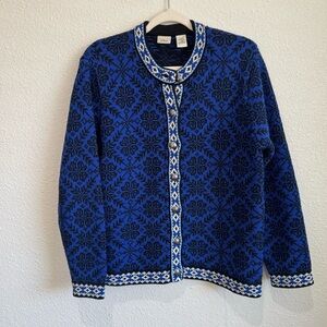 L.L. Bean Cardigan Sweater Blue Norwegian Fair Isle Cotton Snowflake Nordic L
